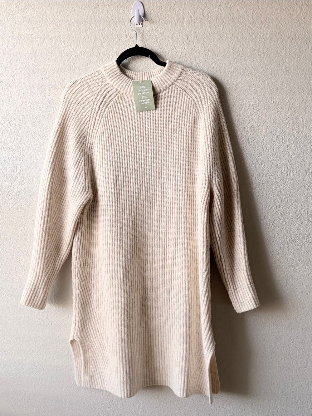 H&M Cream Ribbed Crewneck Sweater Dress